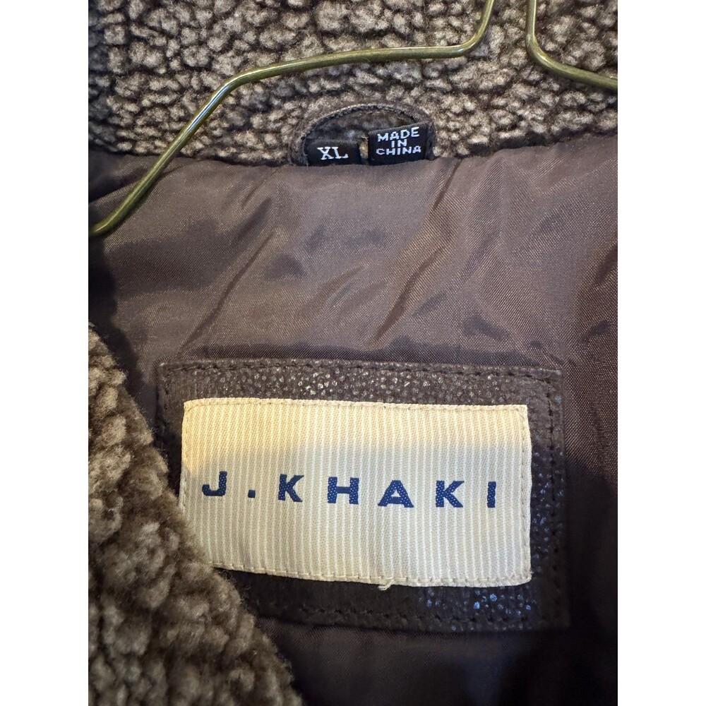 J. Khaki Men’s Brown Leather Bomber Jacket Sherpa Collar Size XL Aviator Style - Picture 3 of 10